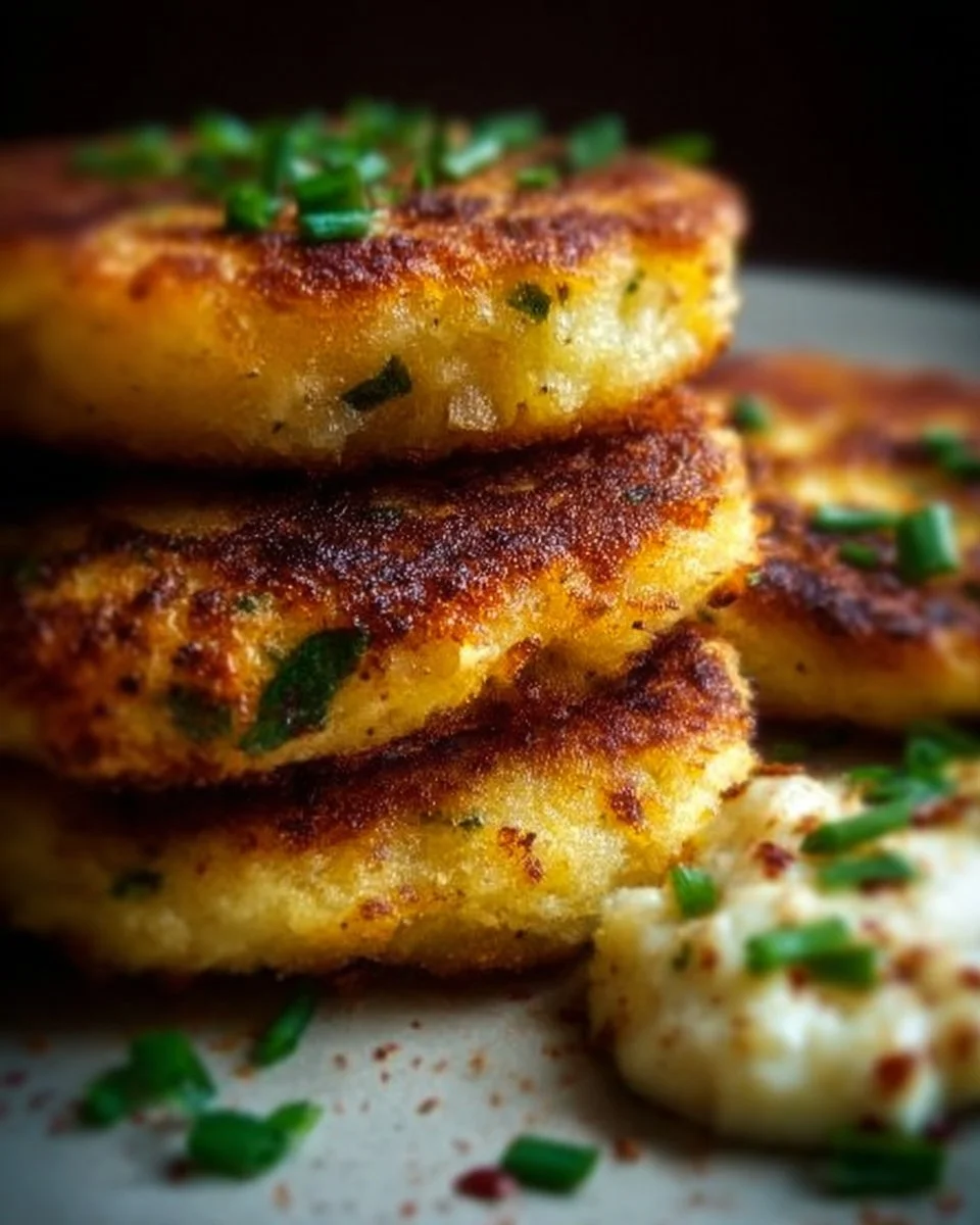 Crispy and golden mashed potato cakes served on a plate with herbs