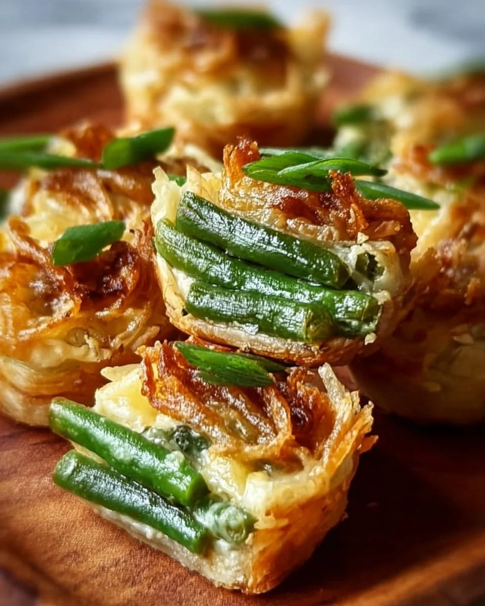 Mini Green Bean Casserole Bites on a platter, ideal for appetizers or parties.
