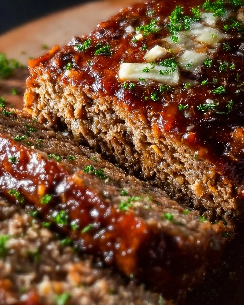 Delicious Garlic Parmesan Meatloaf topped with garlic and cheese crust