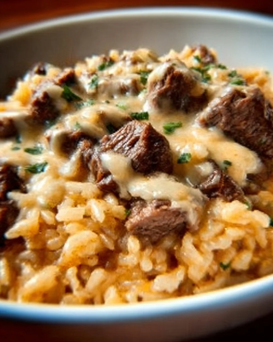 Delicious Steak Cheese Rice served on a plate with vibrant garnishes.