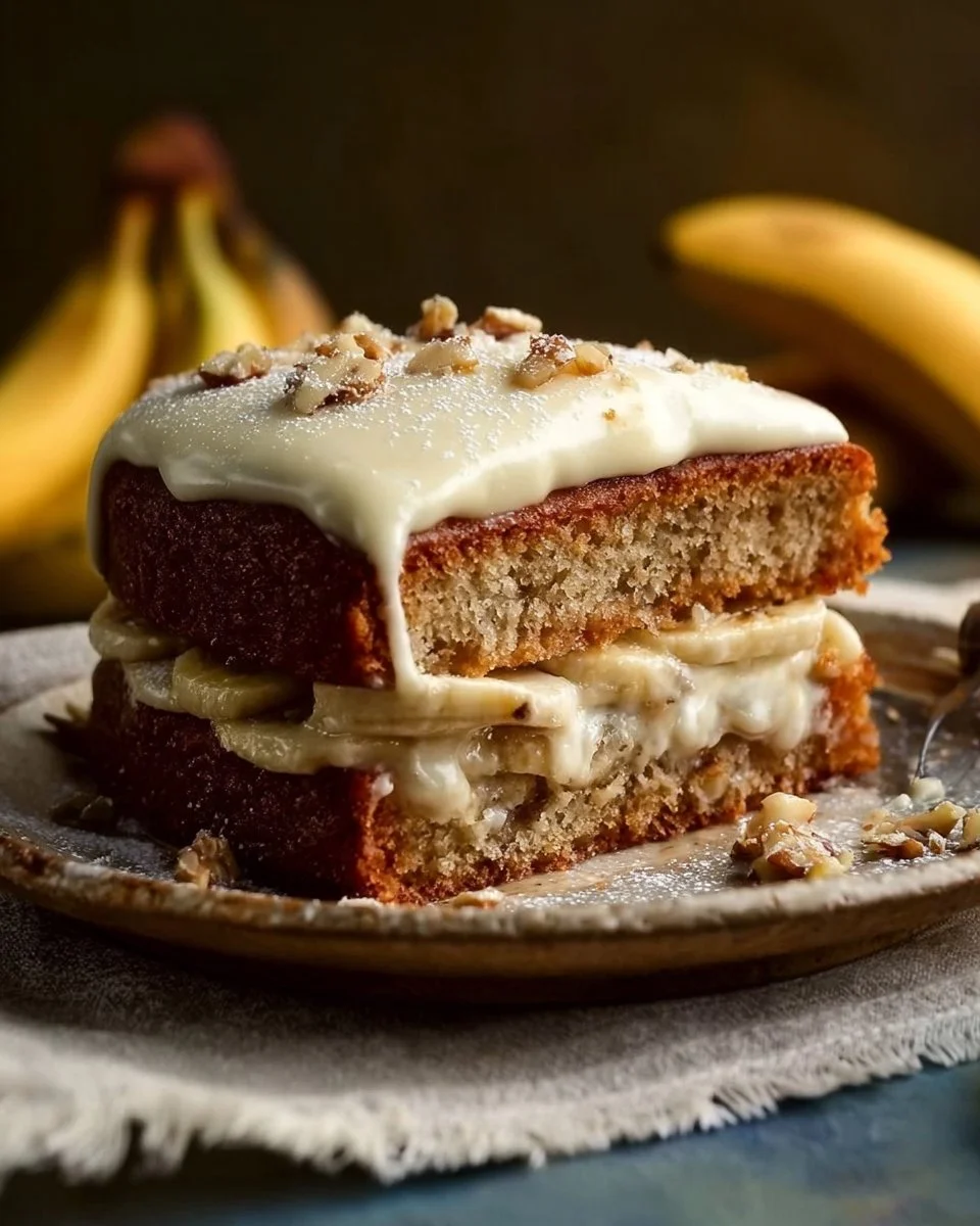 Delicious banana cake with creamy frosting and banana slices on top