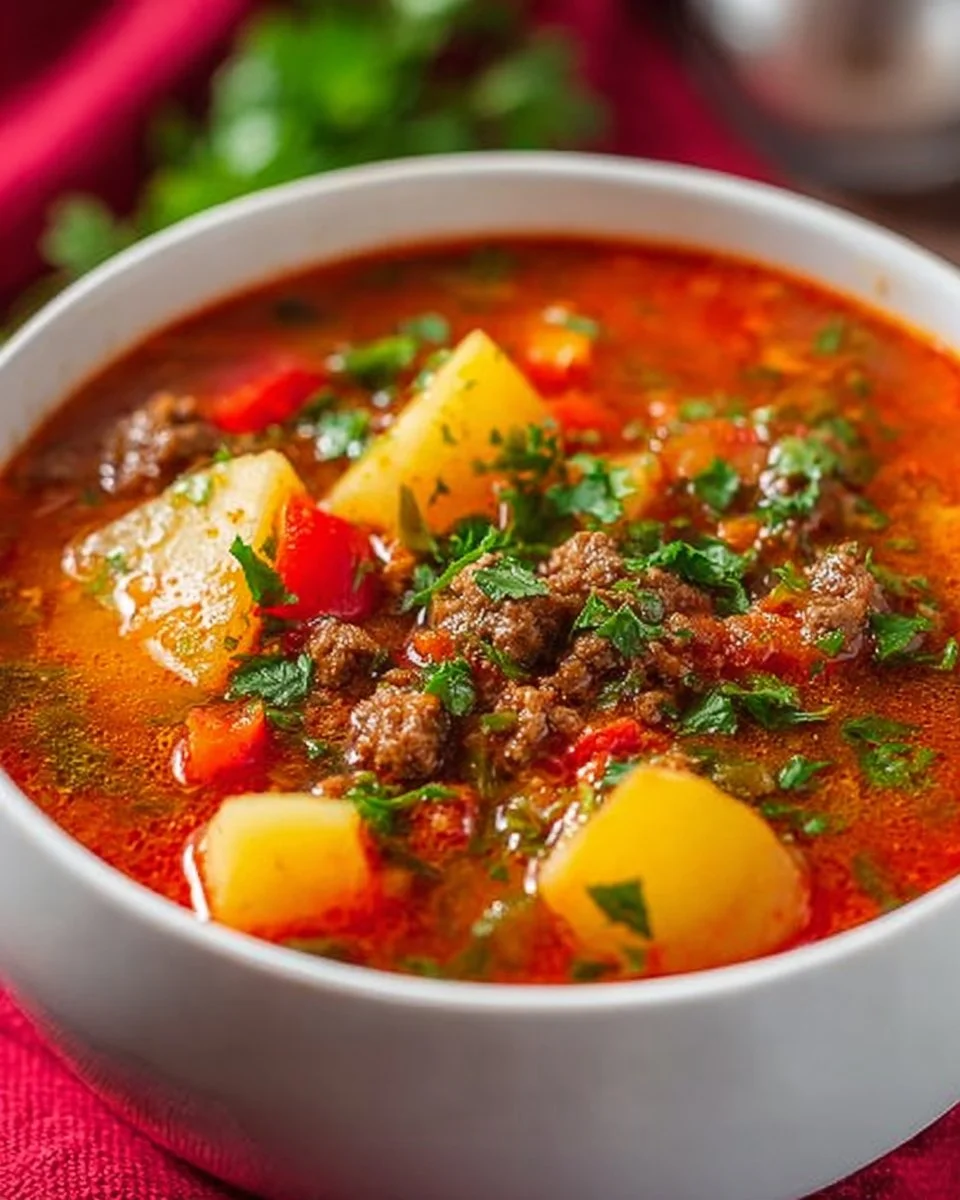 A steaming bowl of Instant Pot ground beef soup with vegetables and herbs.