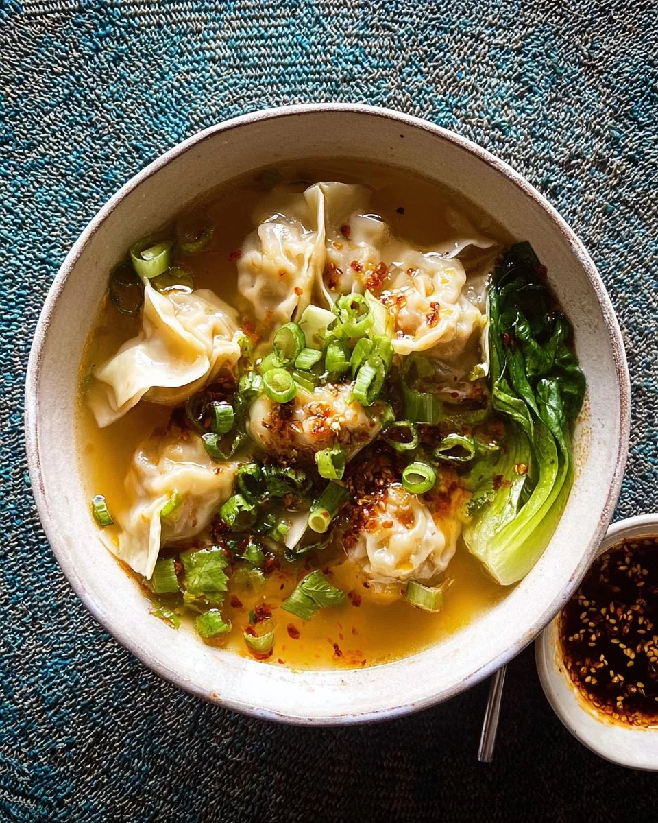 Bowl of 25 Minute Wonton Soup garnished with sesame chili oil and herbs.