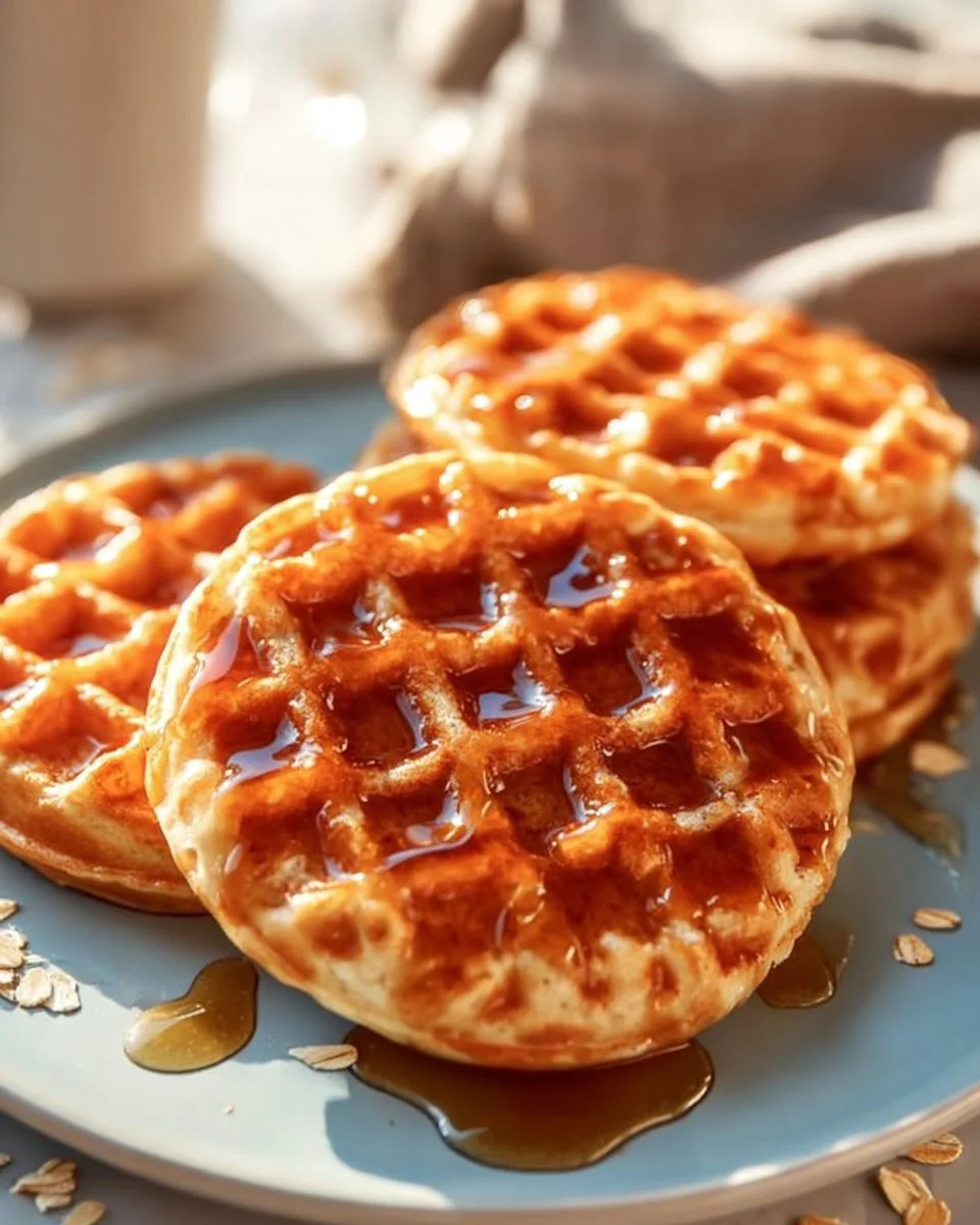 3 ingredient cottage cheese waffles stacked on a plate with syrup