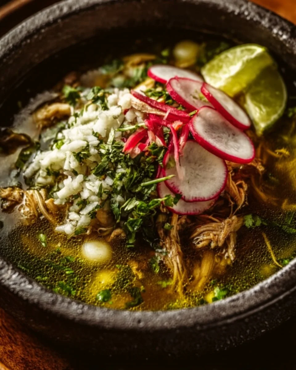 Bowl of green chicken pozole garnished with cabbage and radishes