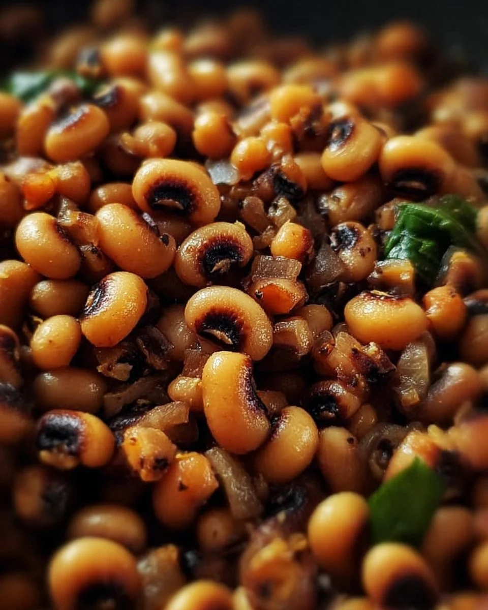 Dish of baked black-eyed peas served in a bowl