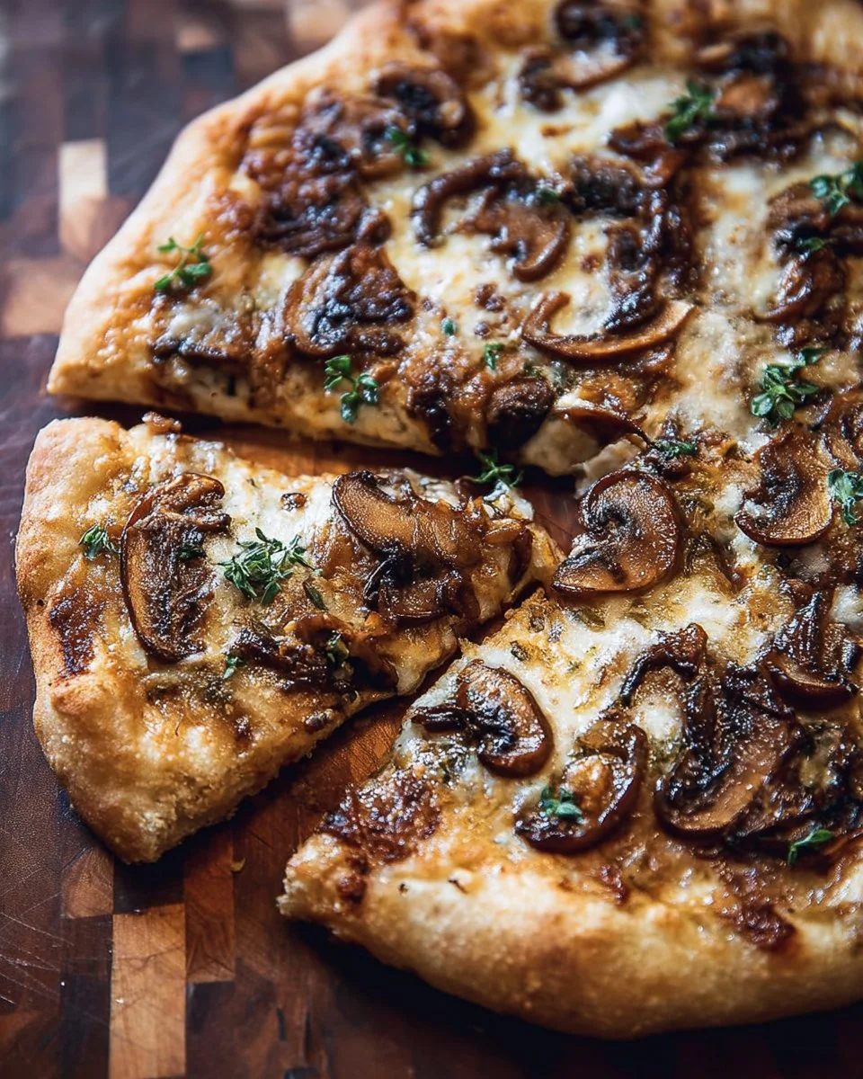 Balsamic Mushroom Fontina Pizza with fresh mushrooms and balsamic glaze