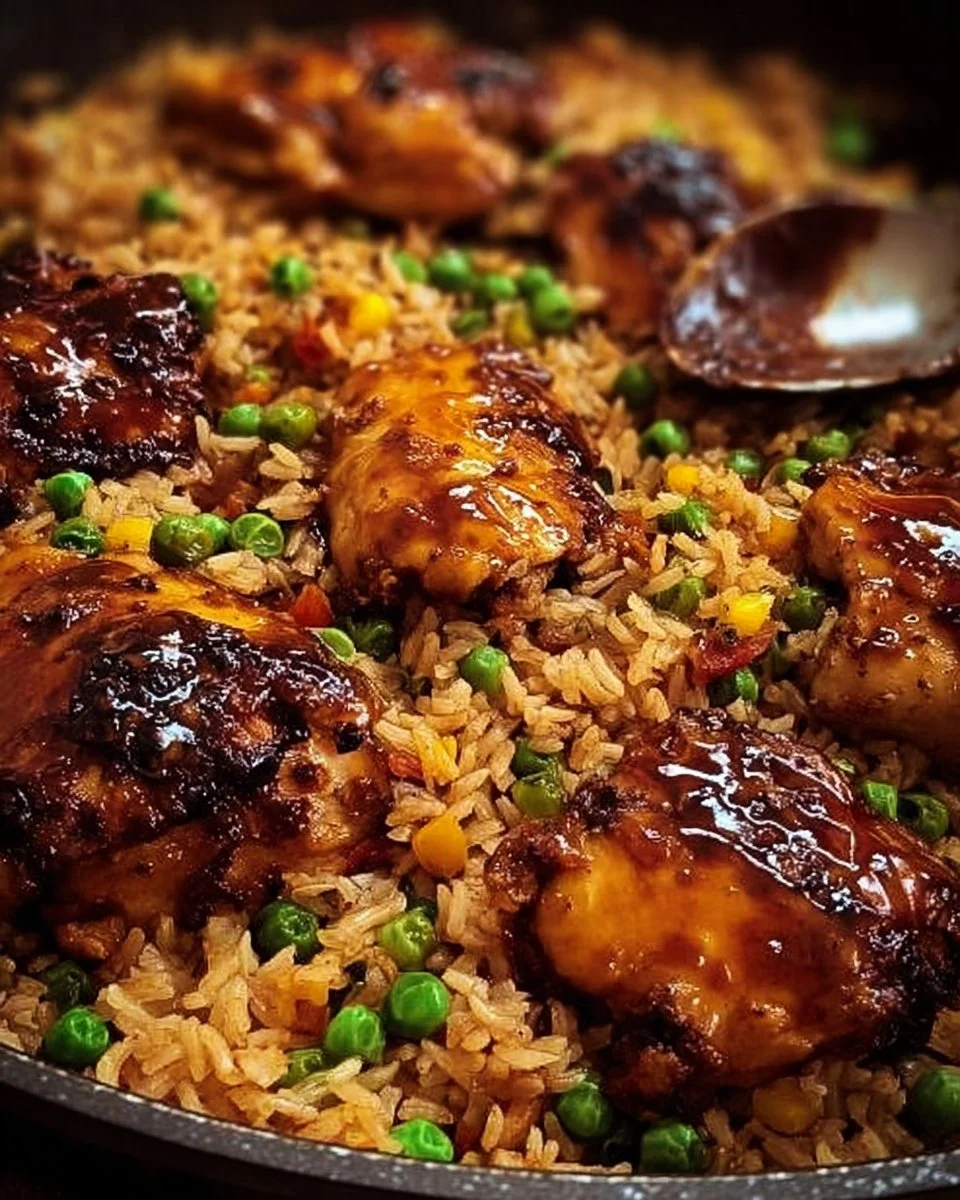 Delicious BBQ chicken served over a bed of flavorful rice