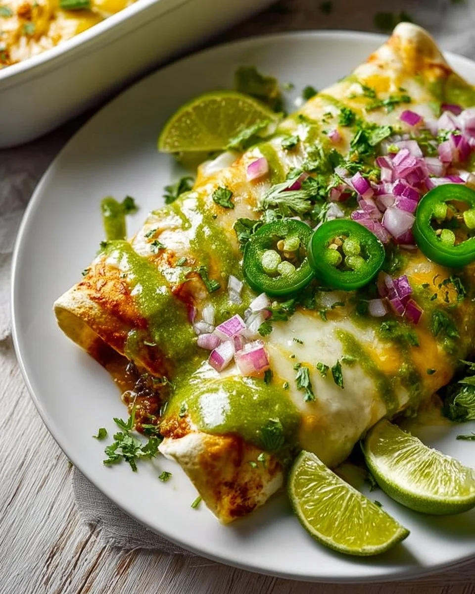 Delicious beef enchiladas with green sauce served on a plate