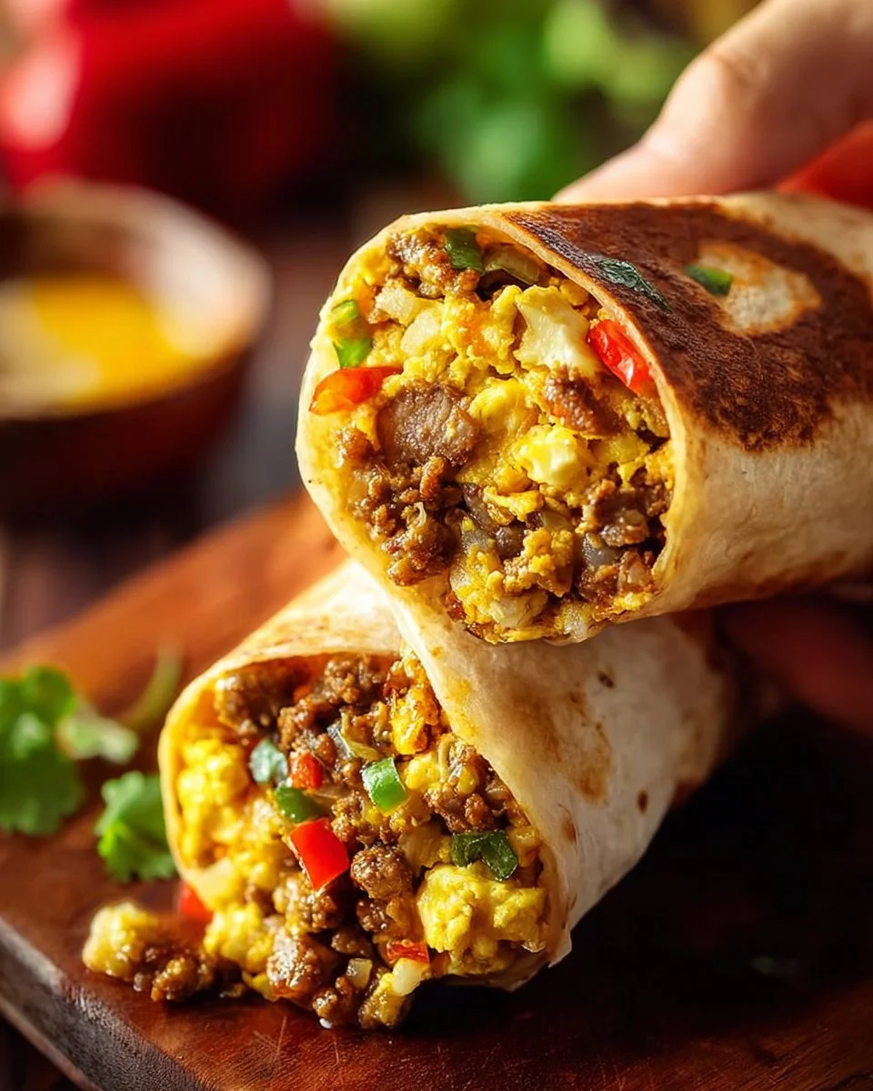 Ground turkey breakfast burrito filled with eggs and spices wrapped in a tortilla