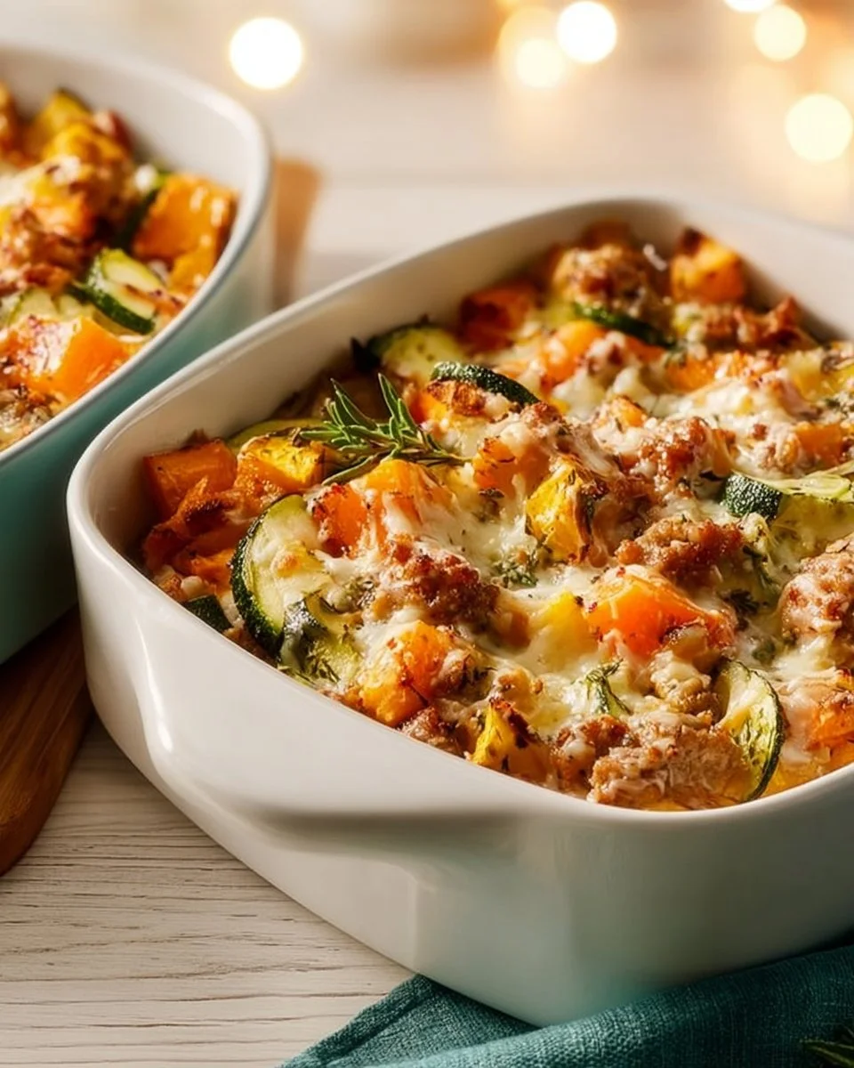 Ground turkey zucchini sweet potato bake in a colorful dish