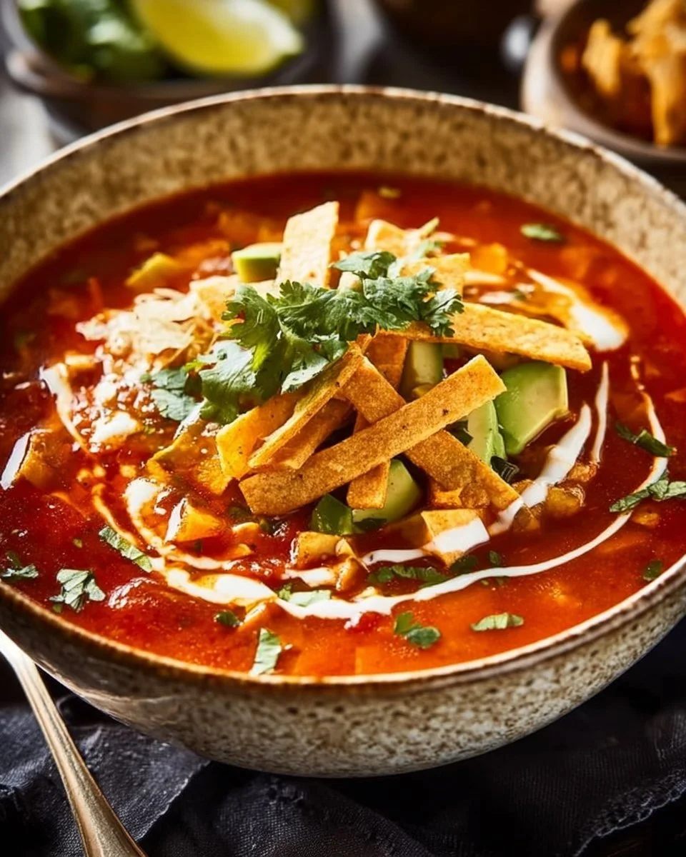 Bowl of homemade tortilla soup topped with crispy tortilla strips and avocado