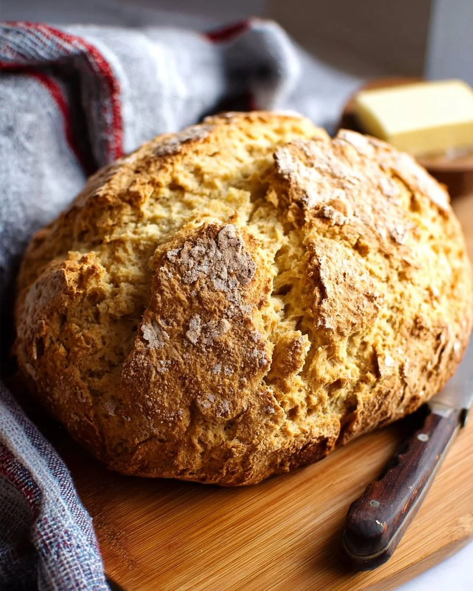 Homemade Irish soda bread fresh out of the oven on a wooden table