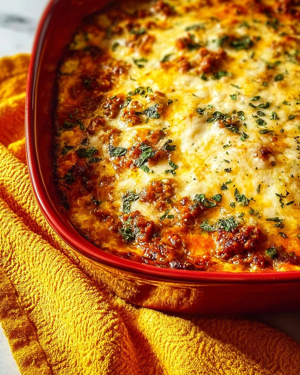 Delicious low carb ground turkey casserole topped with herbs and cheese.