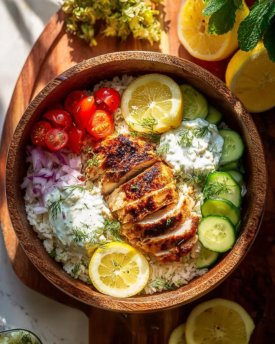 Mediterranean Lemon-Dill Chicken bowls garnished with fresh herbs and lemon slices
