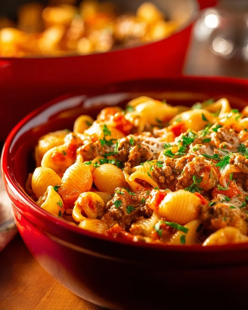 Delicious one pot taco pasta topped with cheese and herbs