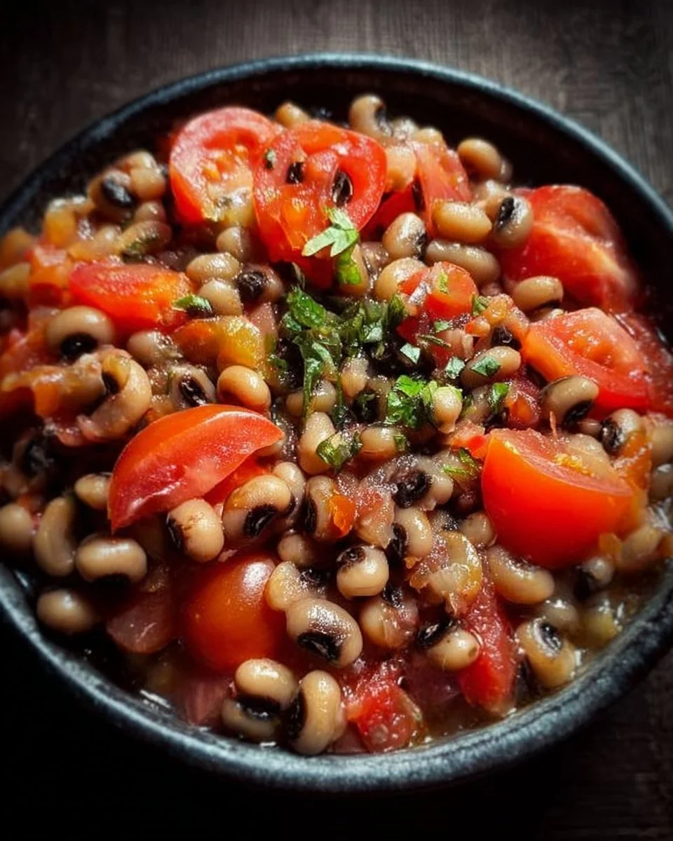 A plate of black-eyed peas cooked with fresh tomatoes and spices