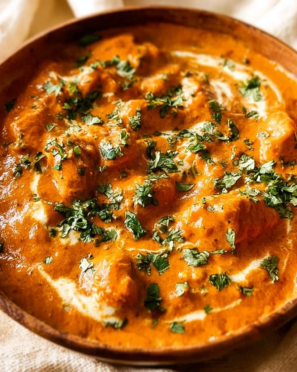 Delicious butter chicken served with rice and naan