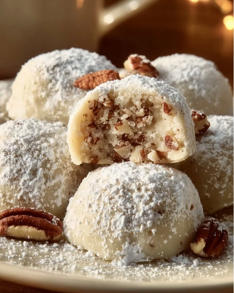 Buttery pecan snowball cookies dusted with powdered sugar