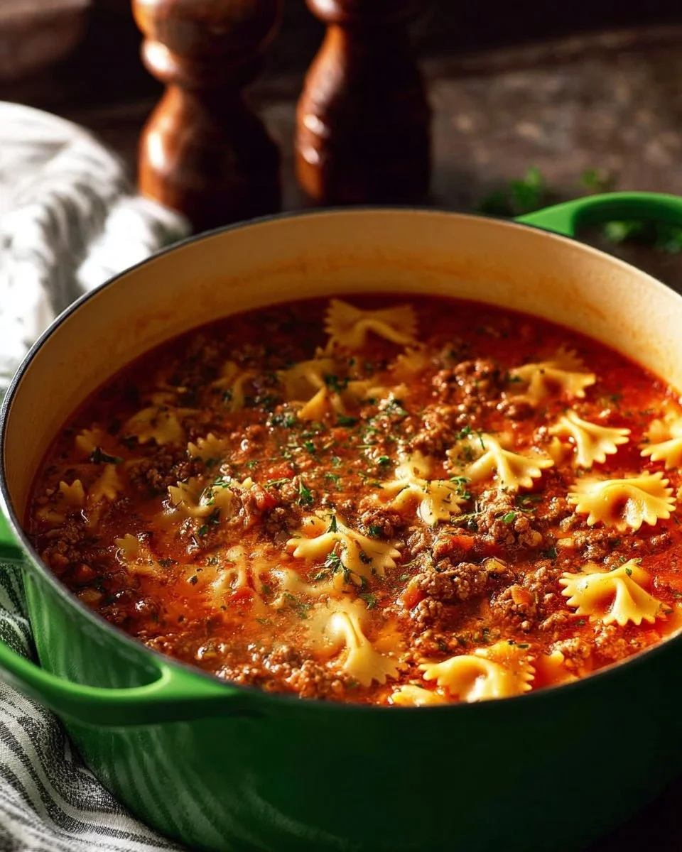 Bowl of cheesy lasagna soup with sausage and ground beef, garnished with herbs.