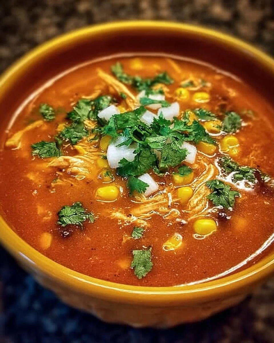 Bowl of flavorful Chicken Enchilada Soup topped with cheese and cilantro