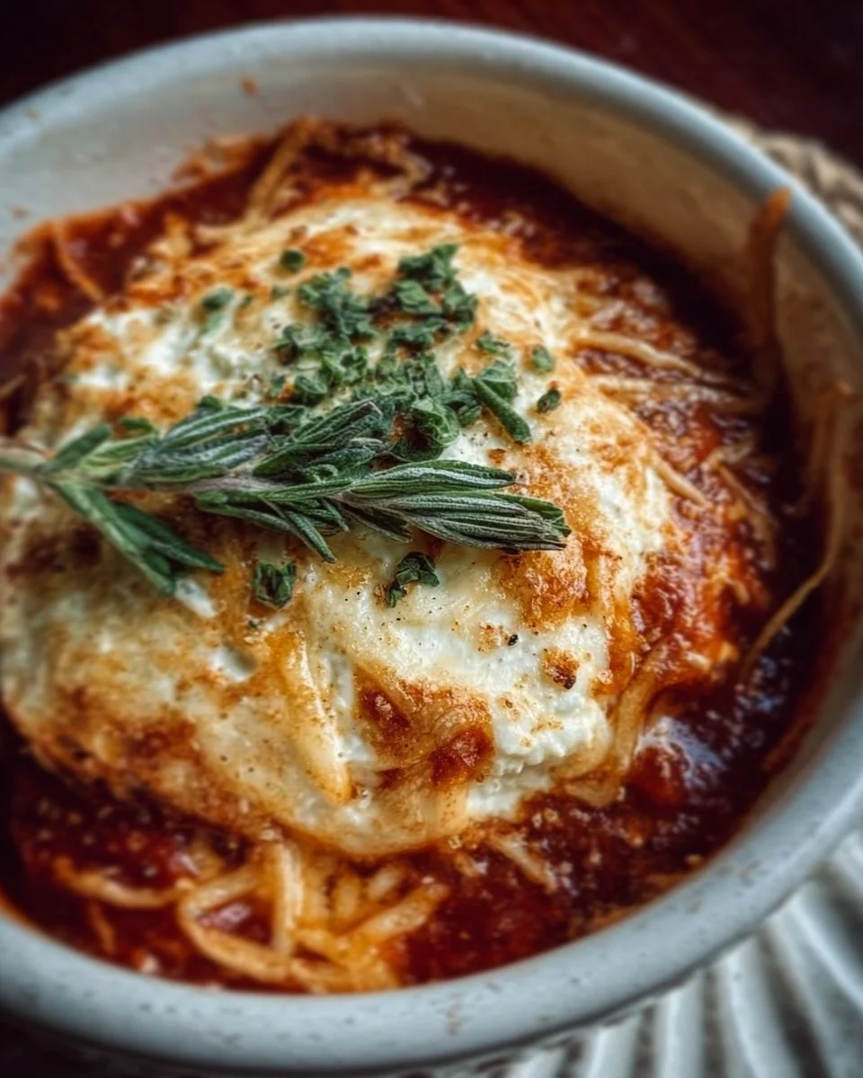 Chicken Parm Cottage Cheese Bowl with marinara sauce and cheese