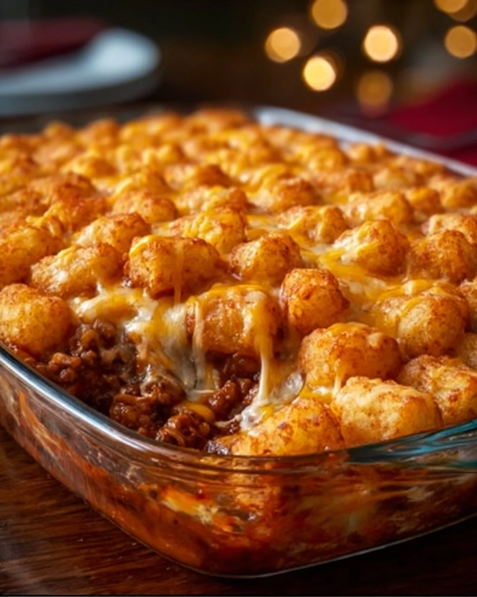Delicious Chili Cheese Tater Tot Casserole fresh out of the oven