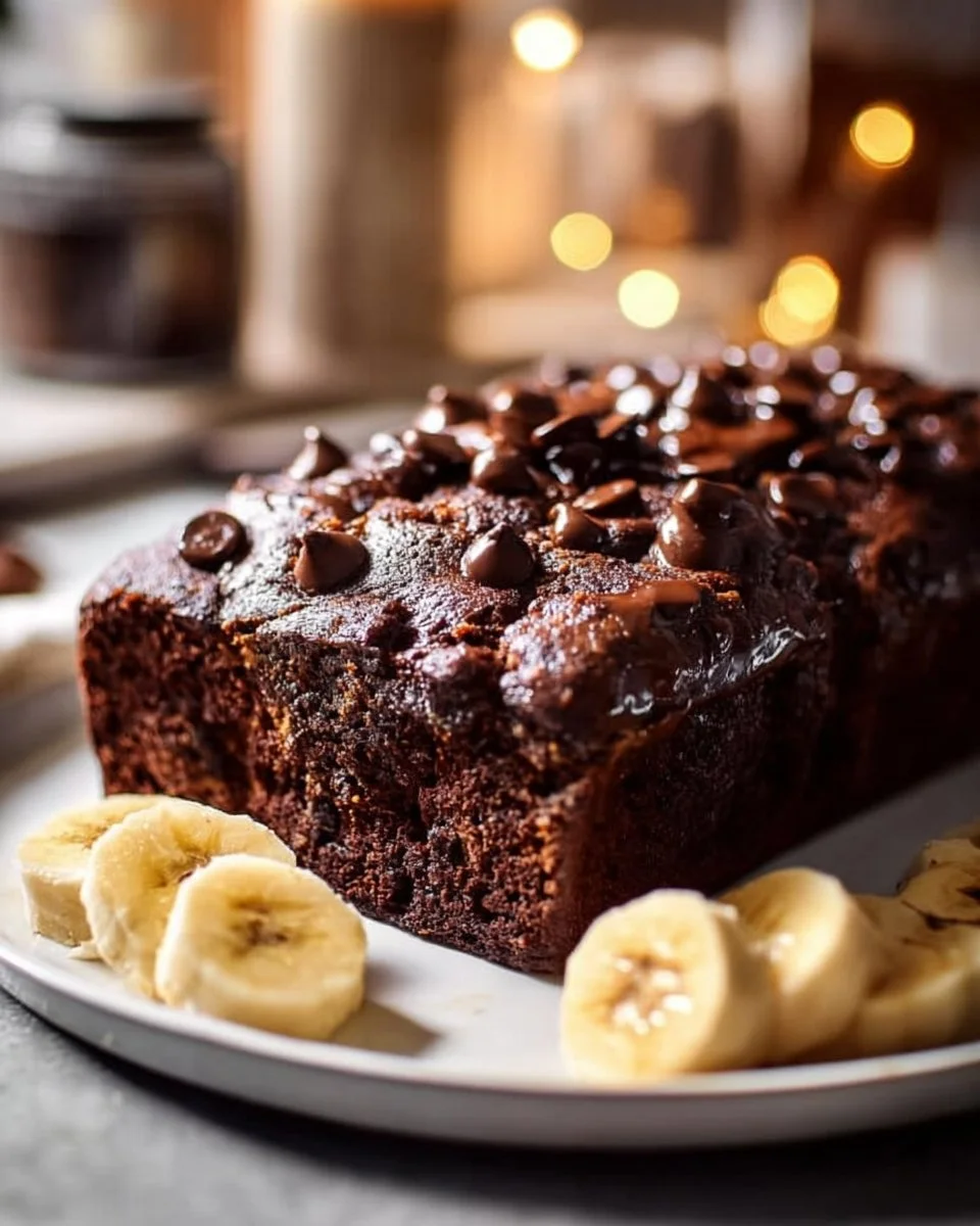 Sliced Chocolate Espresso Banana Bread on a wooden table with coffee