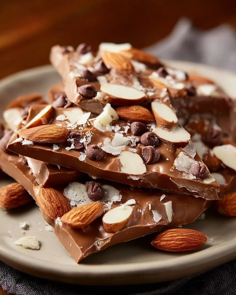 Delicious homemade chocolate frozen yogurt bark with toppings.