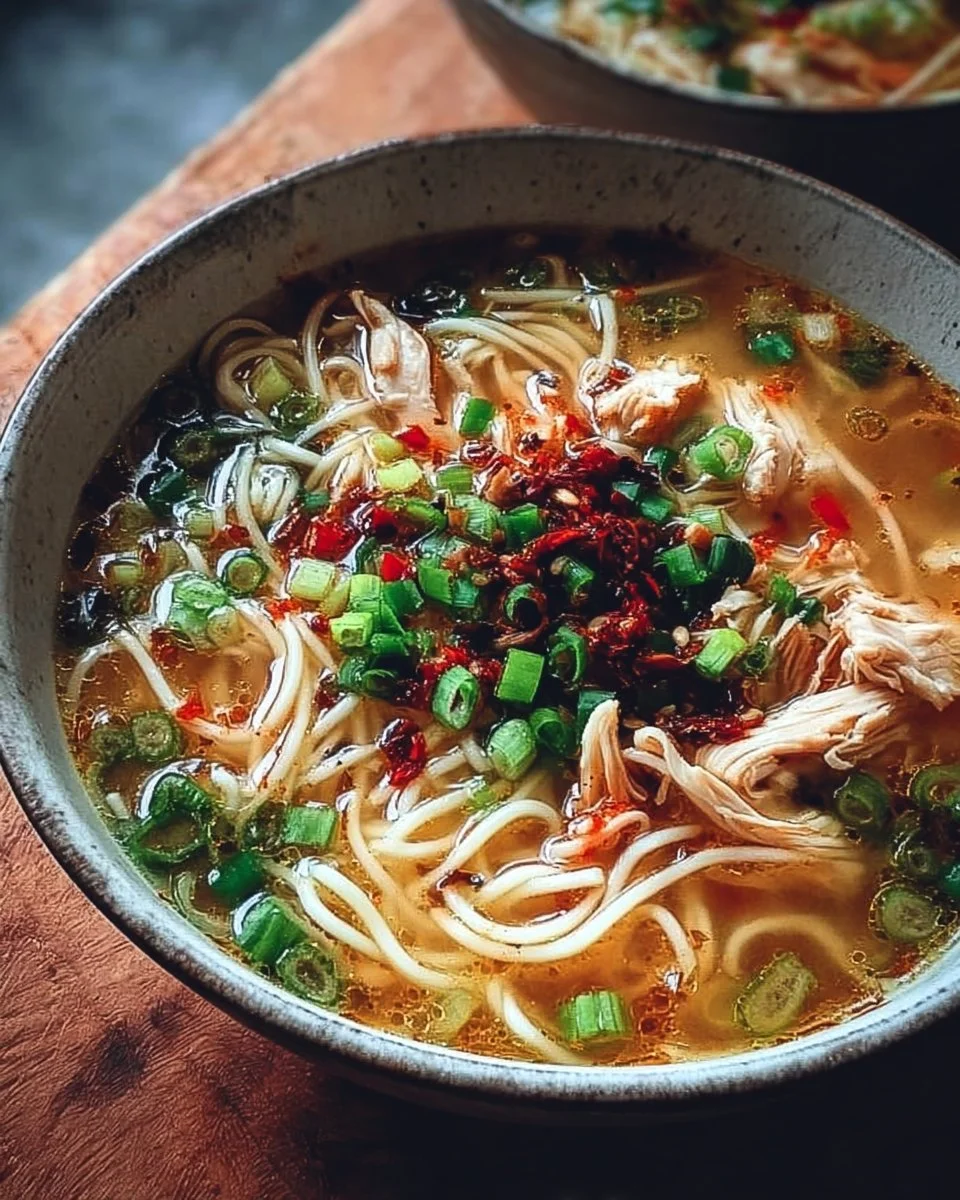Bowl of Classic Ginger Garlic Chicken Noodle Soup with fresh ingredients