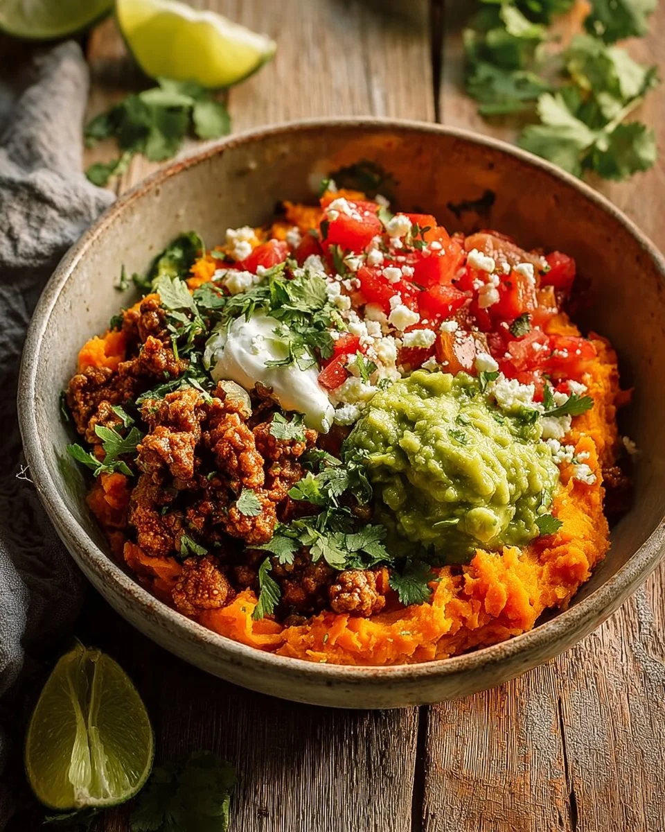Classic Ground Turkey Sweet Potato Bowl with colorful vegetables and spices.