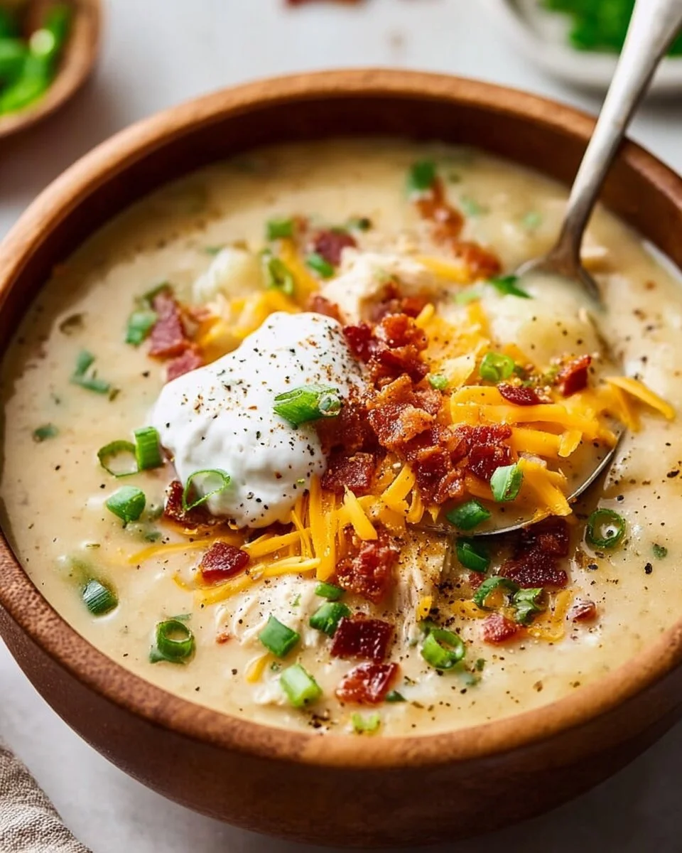 Bowl of Classic Instant Pot Chicken Potato Soup garnished with herbs
