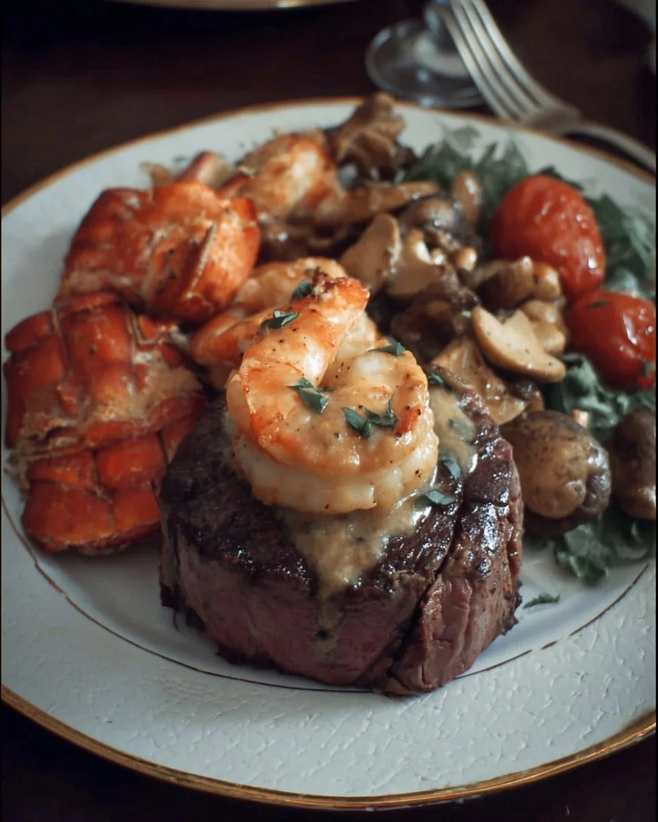 Delicious surf and turf dinner featuring steak and seafood