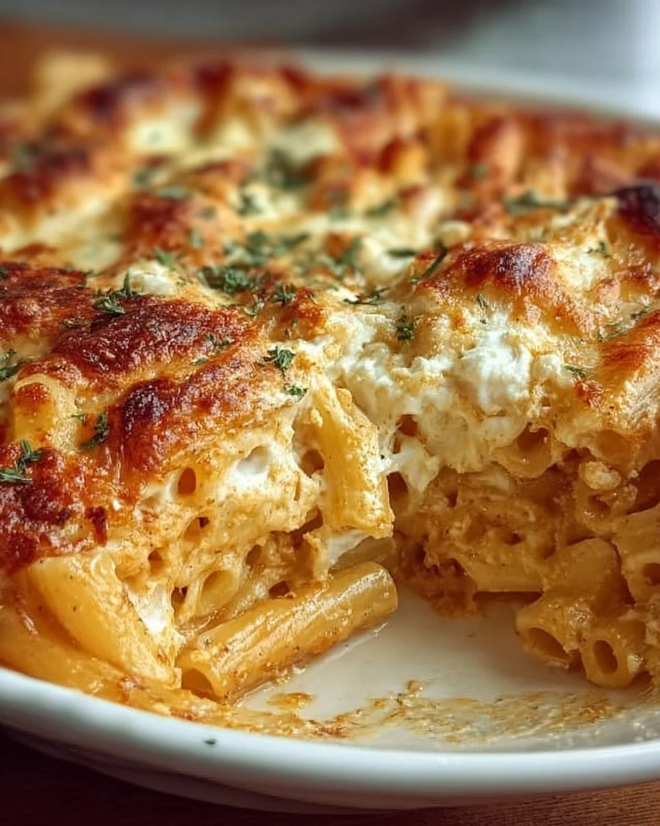 Cottage Cheese Pasta Bake topped with herbs and cheese, freshly baked in a dish.