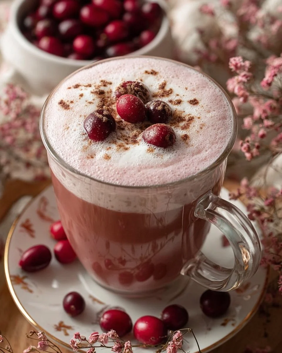 Cranberry Tea Latte in a cozy cup with cranberries and tea leaves