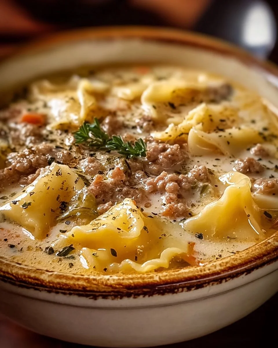 Delicious creamy Alfredo Lasagna Soup in a bowl with herbs, cheese, and pasta.