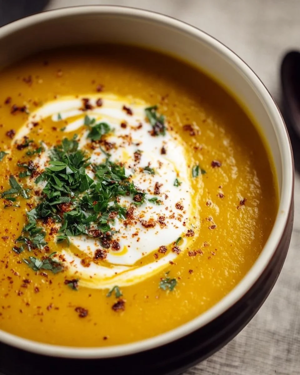 Bowl of creamy butternut squash soup garnished with herbs and spices