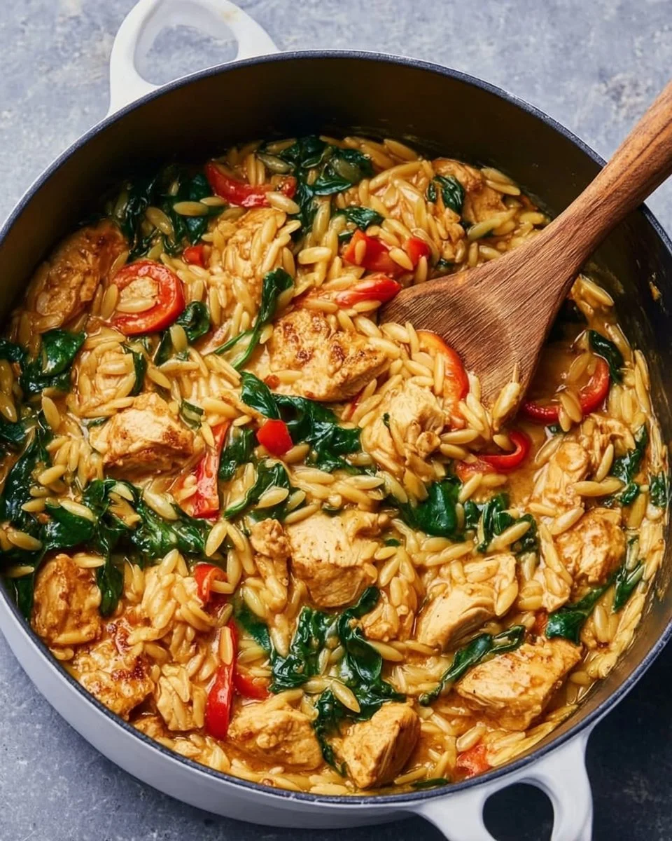 Creamy Cajun Chicken Orzo dish with vibrant herbs and spices