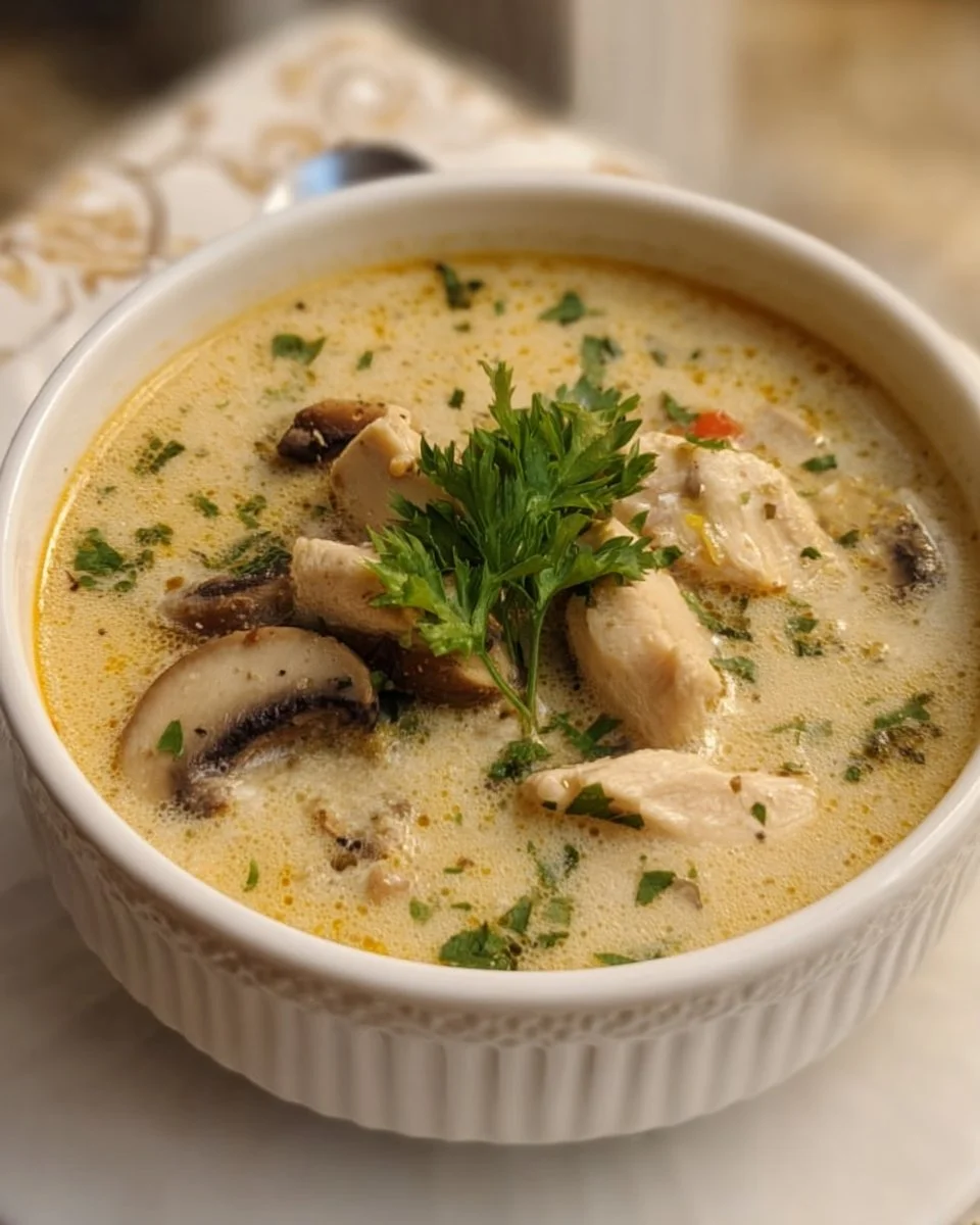 Bowl of creamy homemade chicken mushroom soup with garnishes