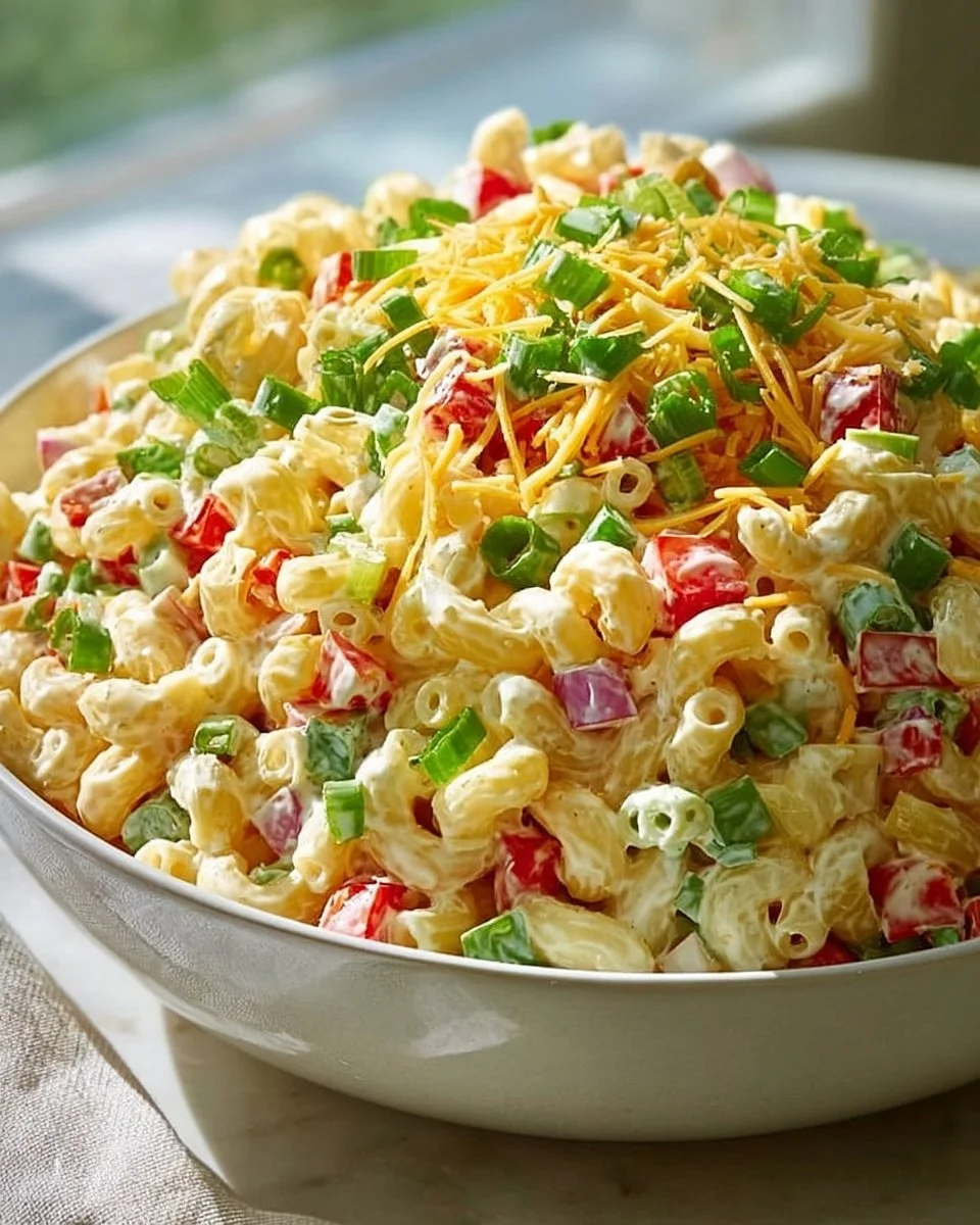 Bowl of creamy macaroni salad with vegetables and dressing