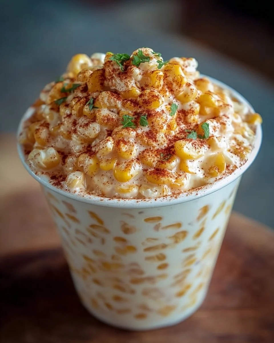 Creamy Mexican street corn served in a cup topped with spices and cheese