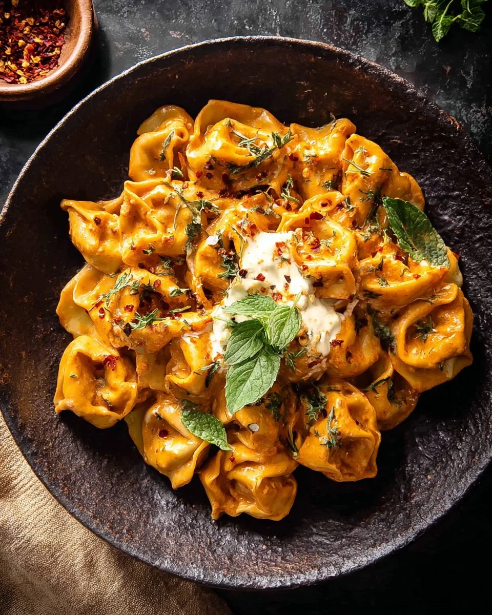 Bowl of creamy roasted red pepper tortellini topped with fresh herbs.