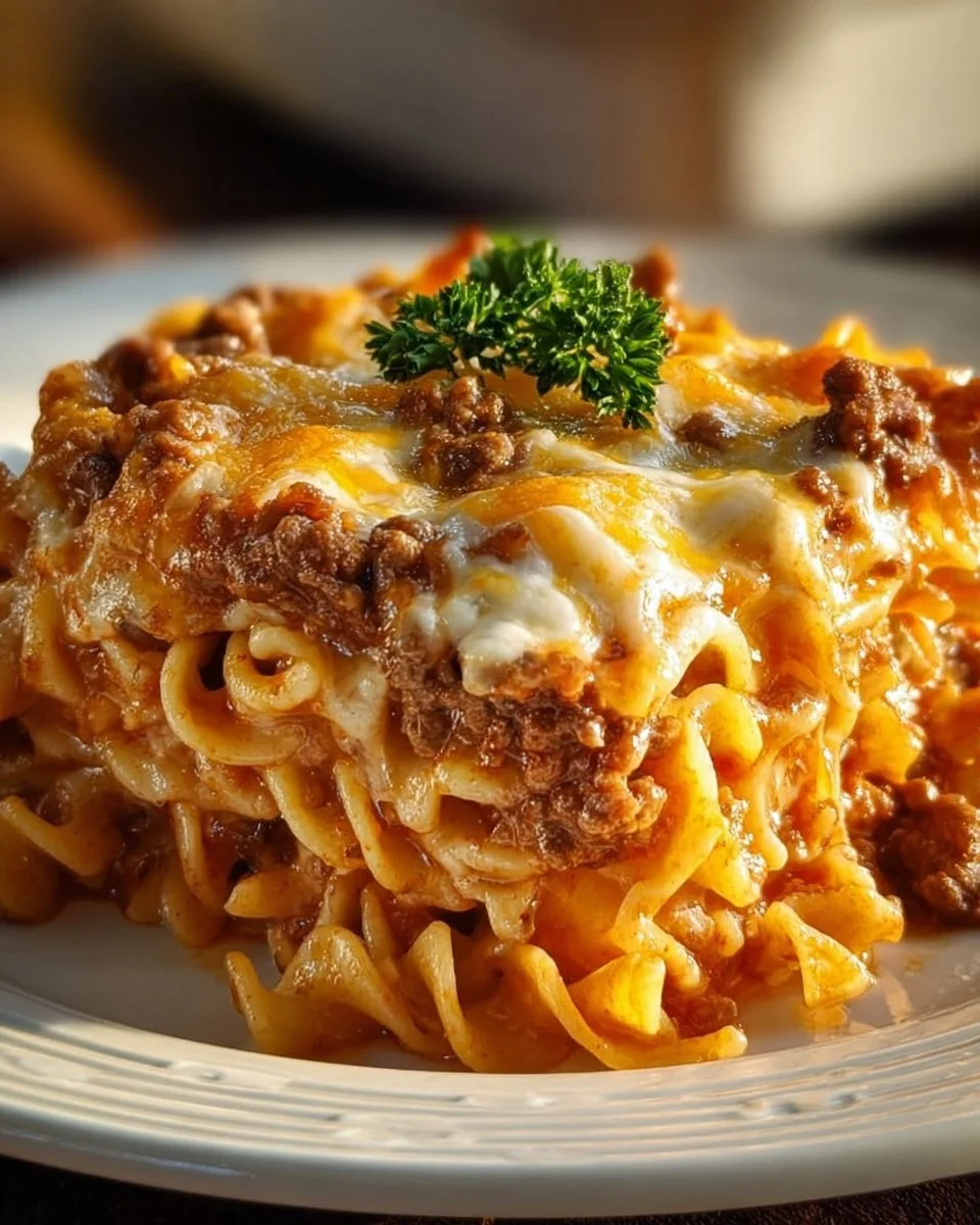 Creamy Sour Cream Beef Noodle Casserole in a baking dish topped with cheese