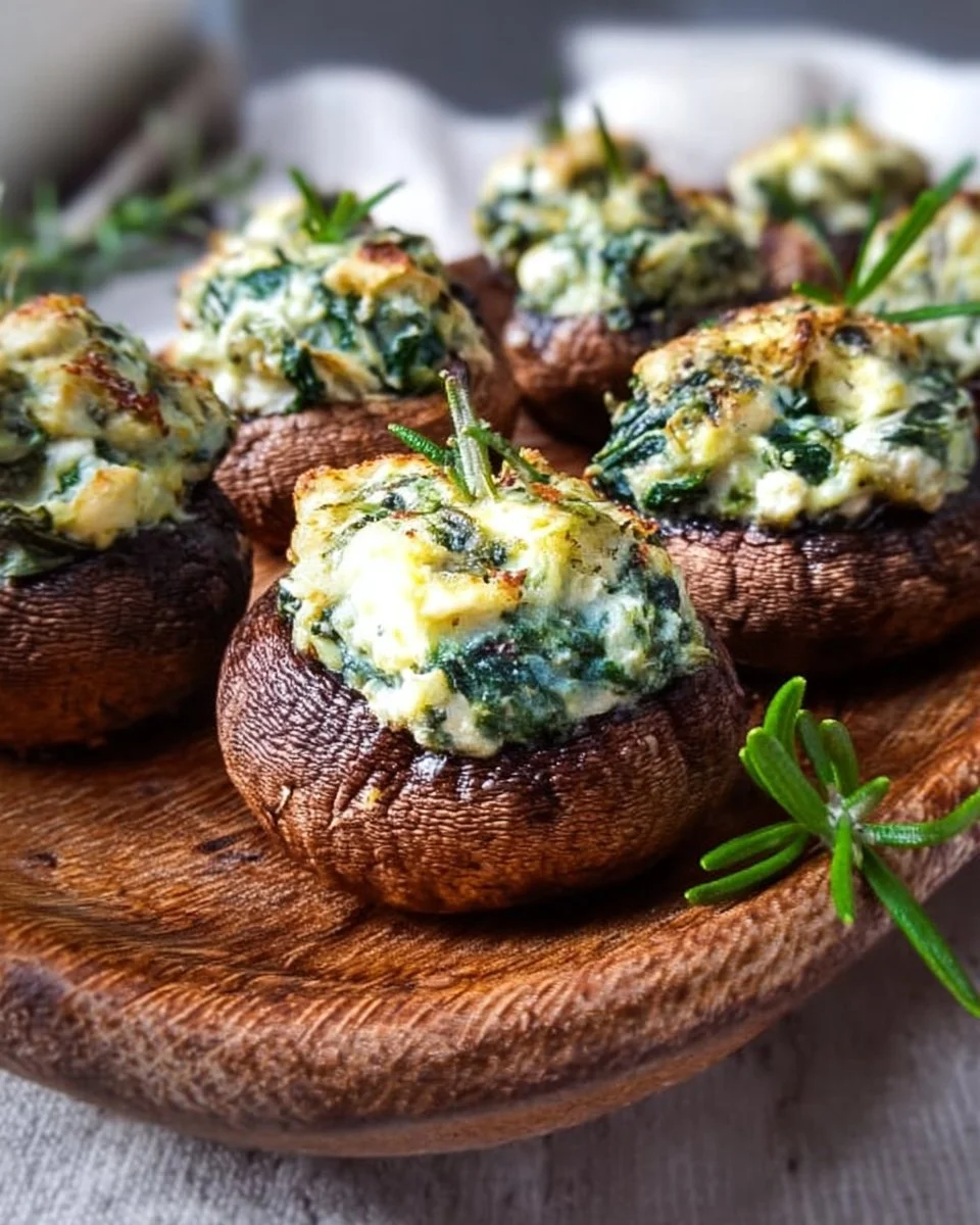 Creamy spinach and ricotta stuffed mushrooms on a serving platter
