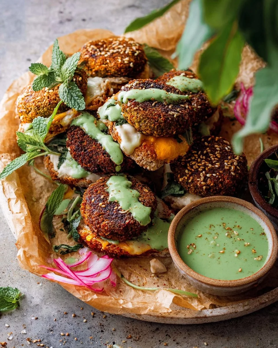 Crispy sesame falafel served with garlicky green tahini sauce.