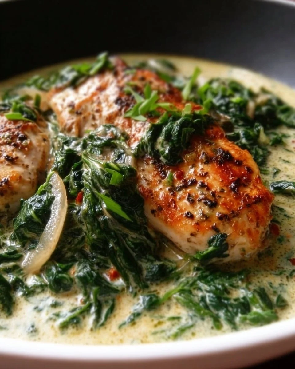 Delicious Easy Creamy Spinach Chicken served on a plate with herbs and spices.