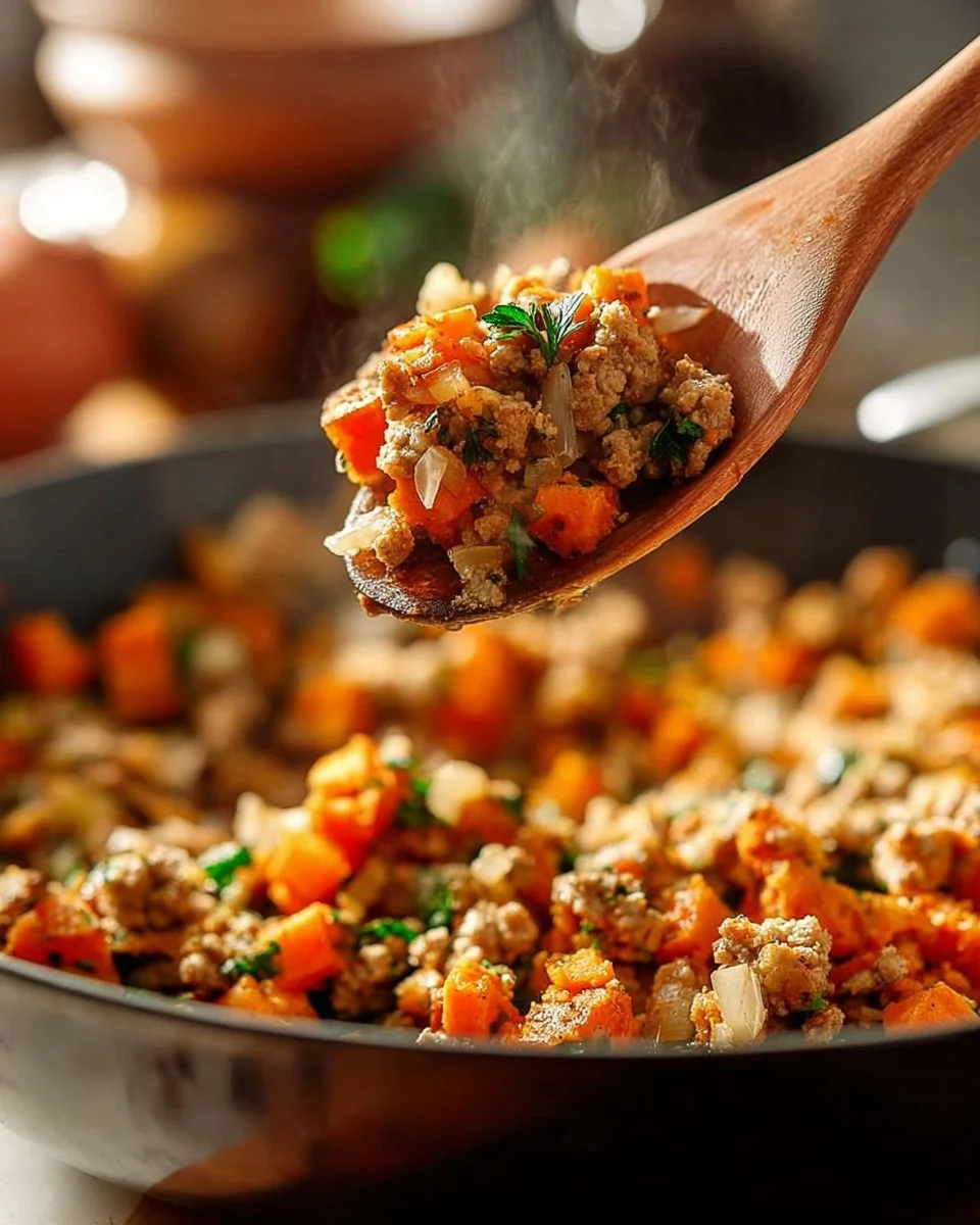 Delicious ground turkey breakfast hash served in a skillet