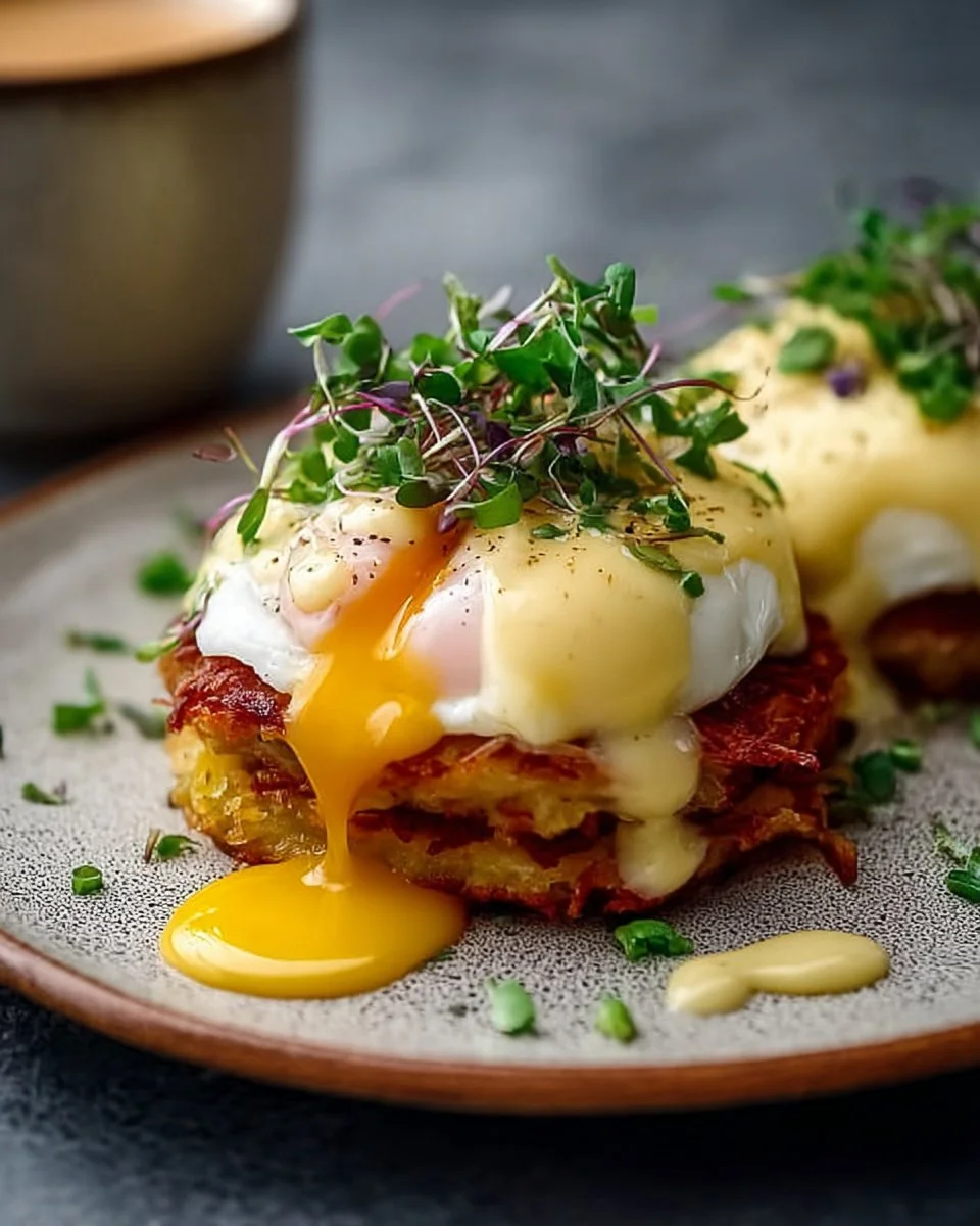 Delicious latke eggs benedict topped with poached eggs and hollandaise sauce