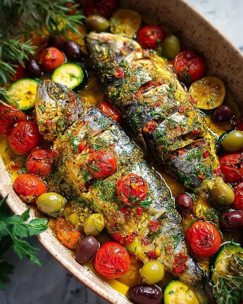 Delicious Mediterranean Baked Mackerel Fish served with fresh vegetables