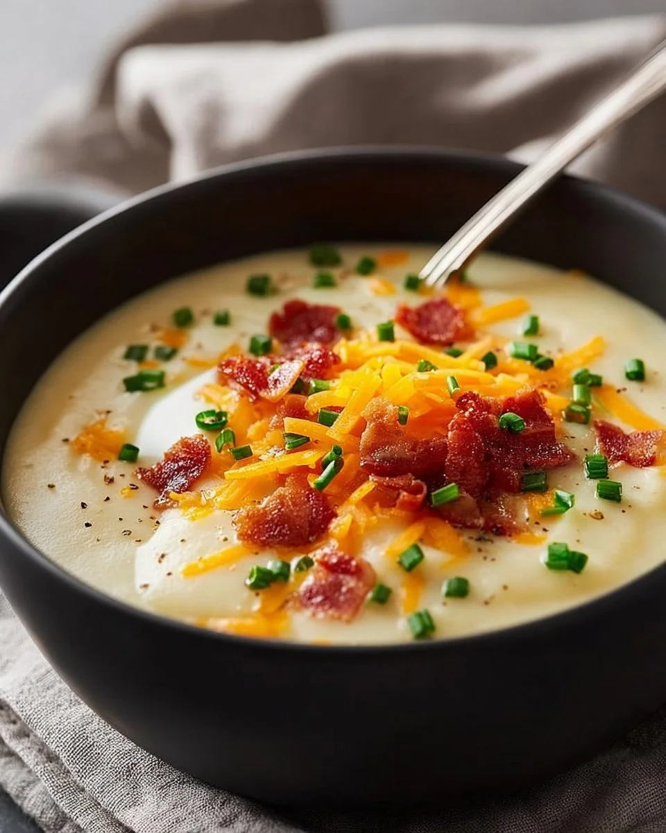 Bowl of easy vegan Instant Pot potato soup topped with fresh herbs.
